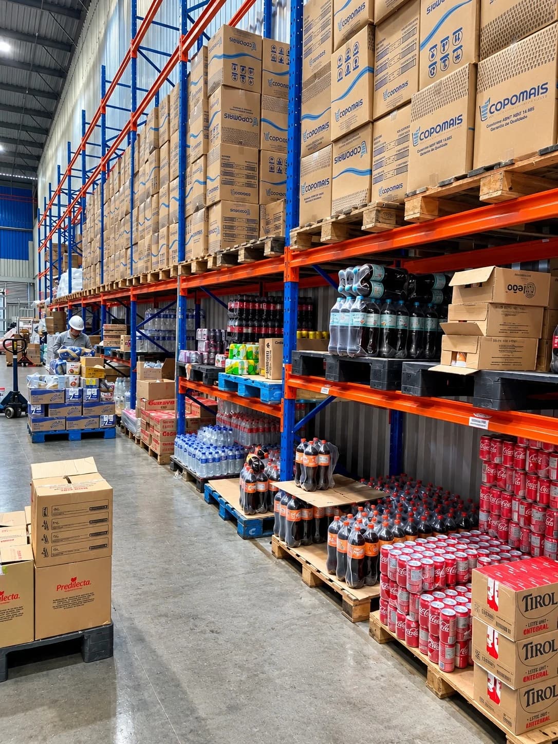 Prateleiras com alimentos e bebidas organizados em um centro de distribuição
