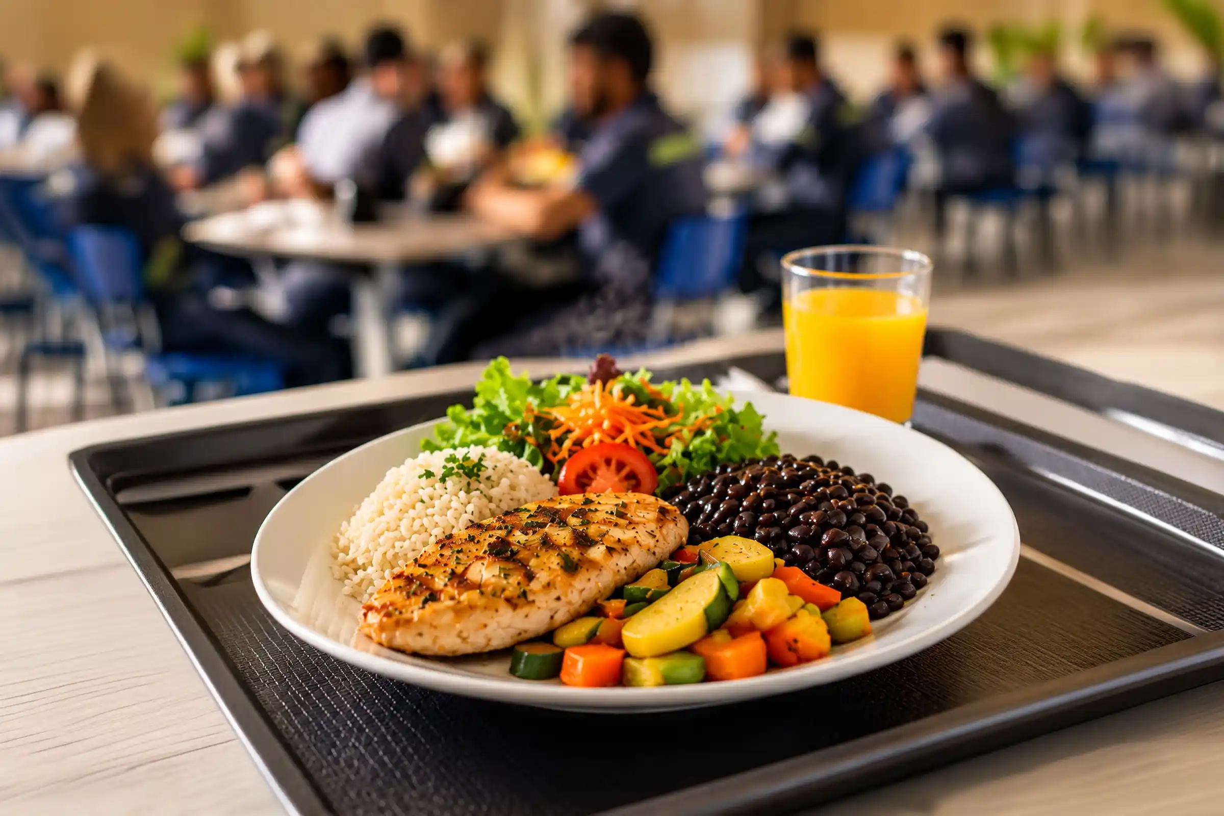 Bandeja com frango grelhado, arroz, feijão e legumes no refeitório de uma indústria